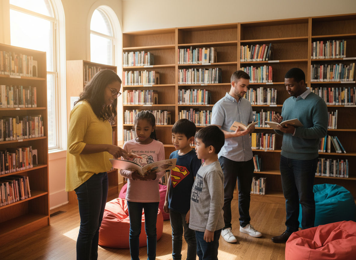 A diverse group gathered among bookshelves in a community reading room